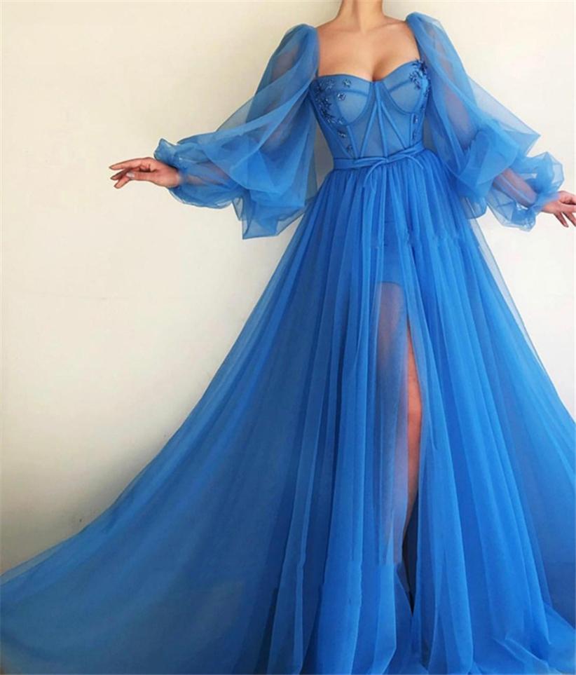 Tulle Evening Dress, Long Sleeves Long Prom Dress P3663