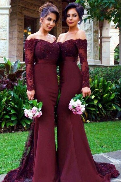 Maroon Lace and Spandex Long Sleeve Bridesmaid prom Dresses  cg7221