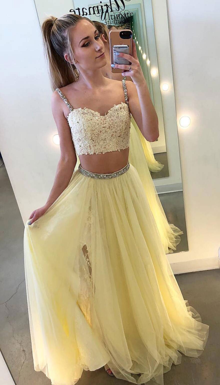 Yellow two pieces lace tulle long prom dress, yellow evening dress KS4836