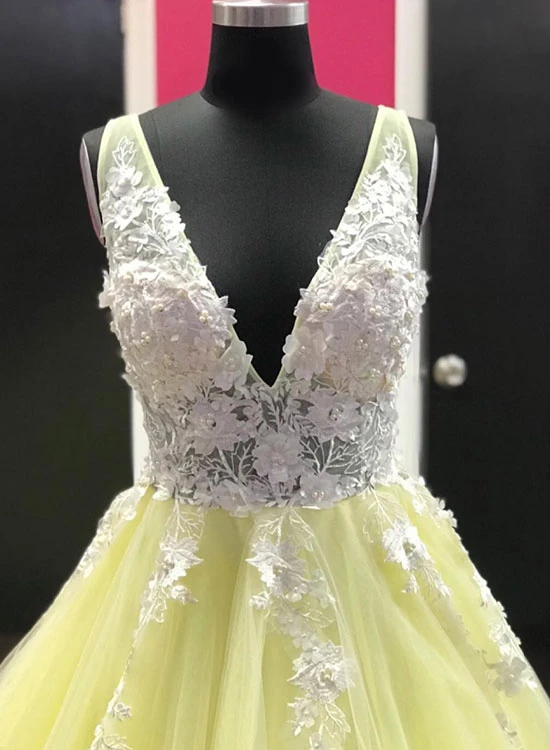 Yellow v neck tulle lace long prom dress, evening dress KS2133
