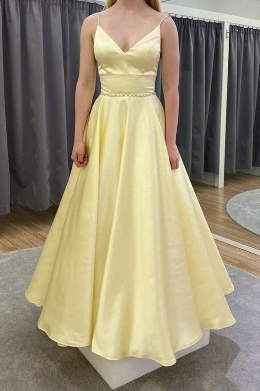 Yellow satin long A line prom dress yellow evening dress KS8176