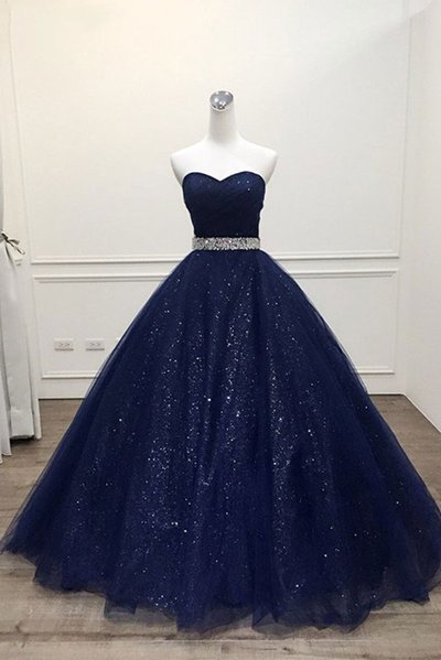 Stunning Navy Blue Tulle Strapless Long Sequins Prom Dress, Evening Dress D070