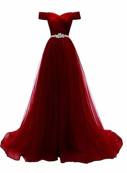 BURGUNDY BEADED TULLE NEW STYLE PROM DRESS, TULLE PARTY DRESS P0733