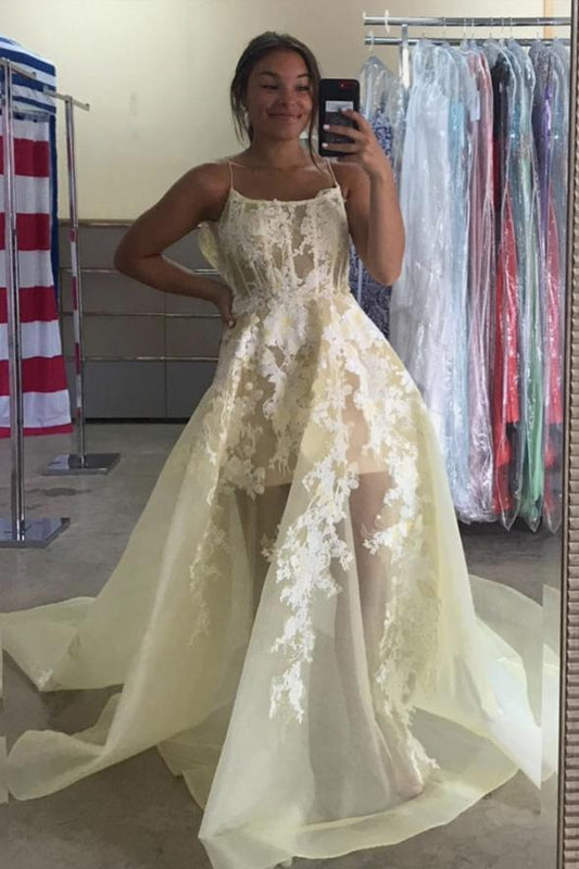 Yellow lace long A line prom dress evening dress KS6806